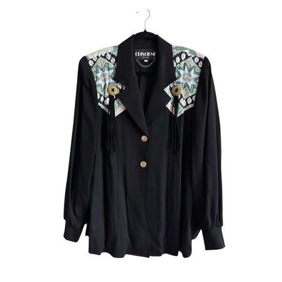 Vintage 80s/90s CRISCIONE Black Wester Aztec Tone Blouse Shirt Jacket Black L - Picture 1 of 9